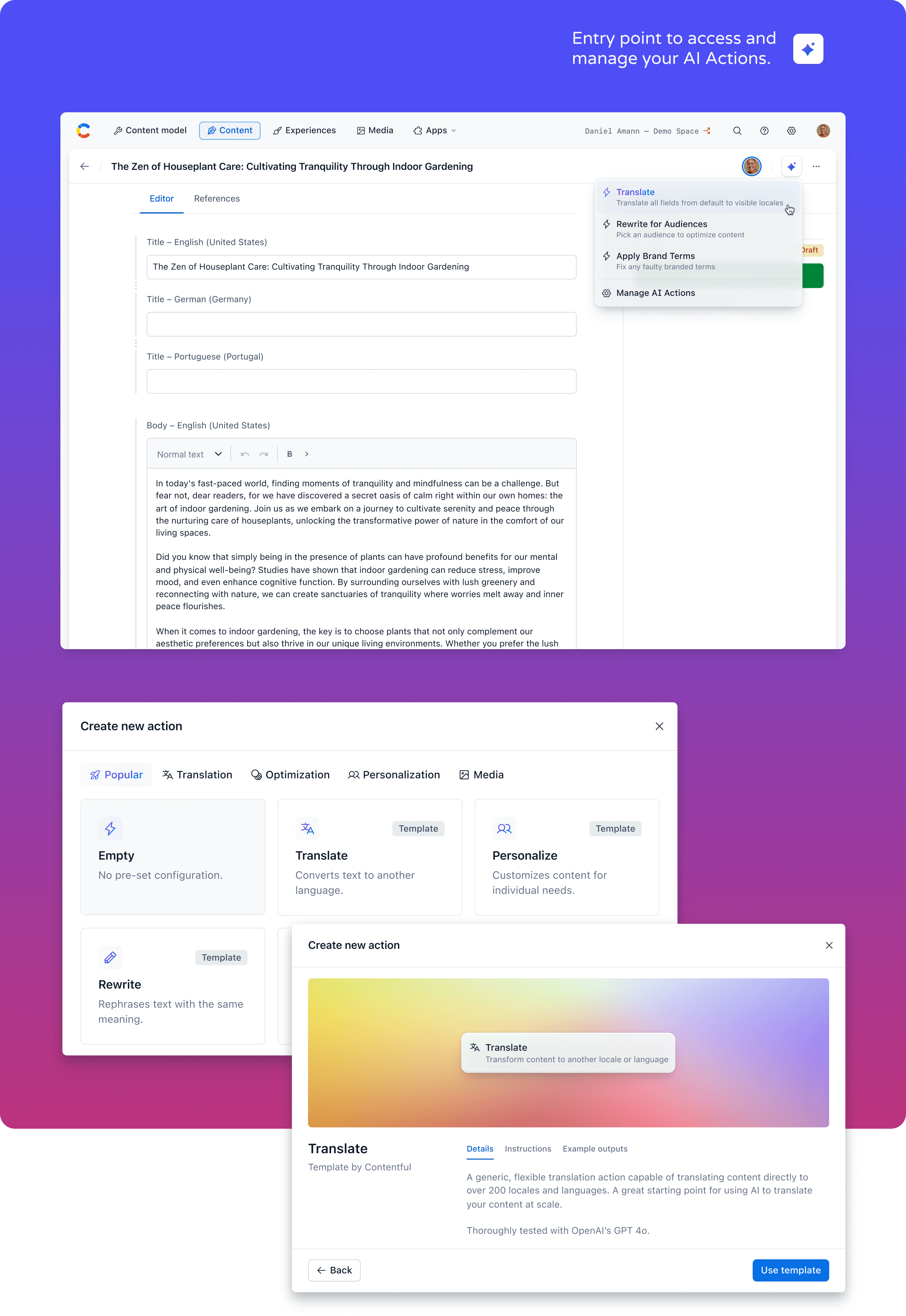 Entry point to access and manage your AI Actions.